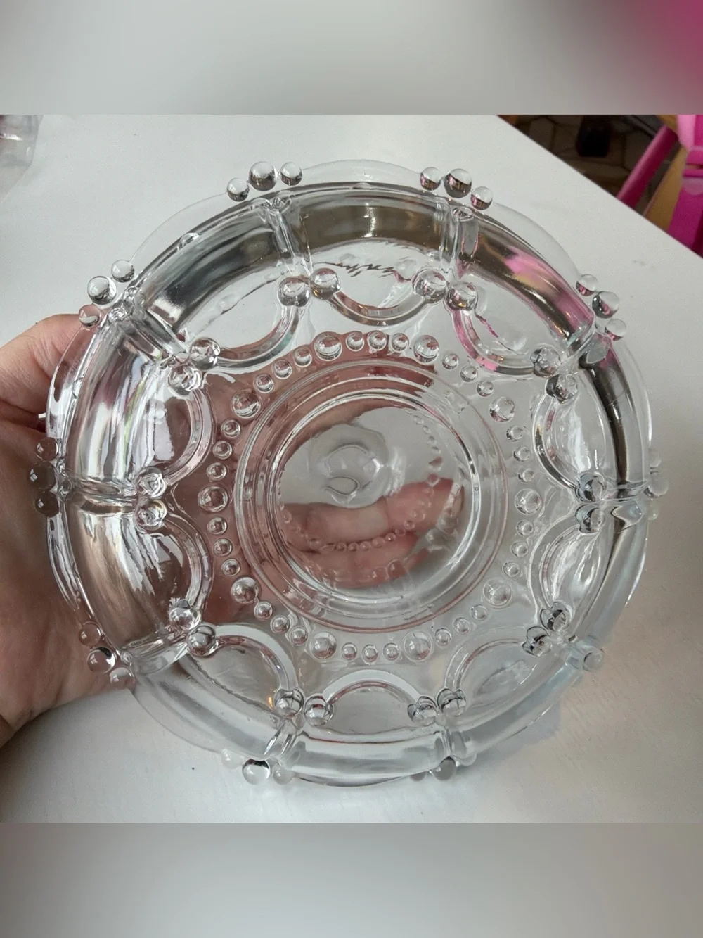 Vintage Clear Glass Covered Candy Dish Trinket Jewelry Bowl Beaded Lid 7”